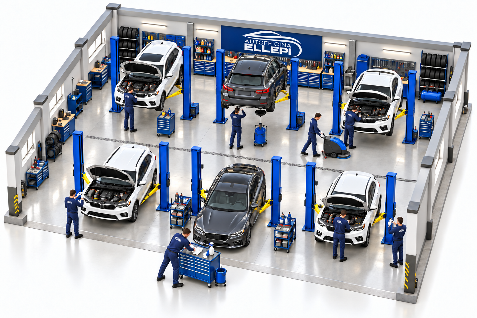 Illustrazione di un’officina Ellepi con sei ponti auto, meccanici in polo blu con logo Ellepi e guanti bianchi, due addetti alla pulizia del pavimento e delle attrezzature